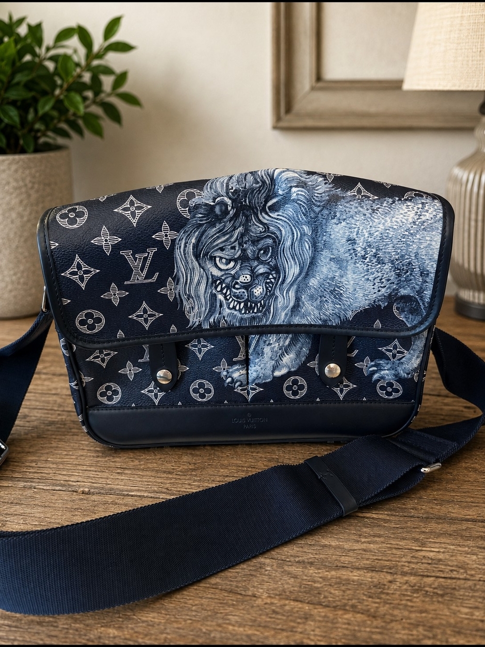 Louis Vuitton Men’s Navy Monogram Messenger Savane Bag with Lion Print M64248